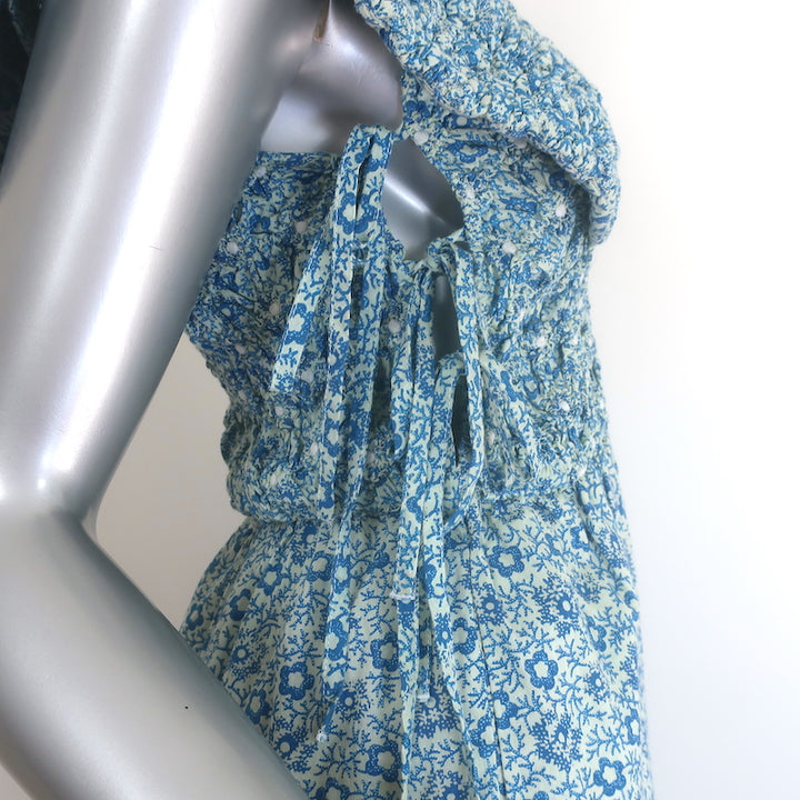 SEA Ida Smocked Midi Dress Blue Floral Print Cotton Size Small
