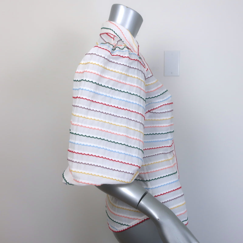 Zimmermann Zinnia Scallop Stripe Puff Sleeve Shirt White/Rainbow Cotton Size 0