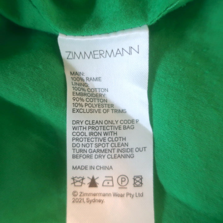 Zimmermann Teddy Broderie Anglaise Mini Dress Green Ramie Size 0P