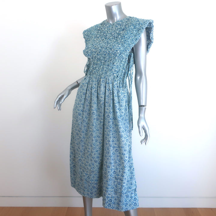 SEA Ida Smocked Midi Dress Blue Floral Print Cotton Size Small
