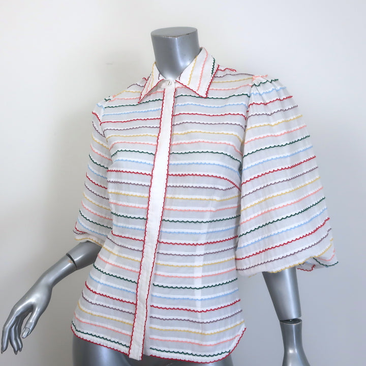 Zimmermann Zinnia Scallop Stripe Puff Sleeve Shirt White/Rainbow Cotton Size 0
