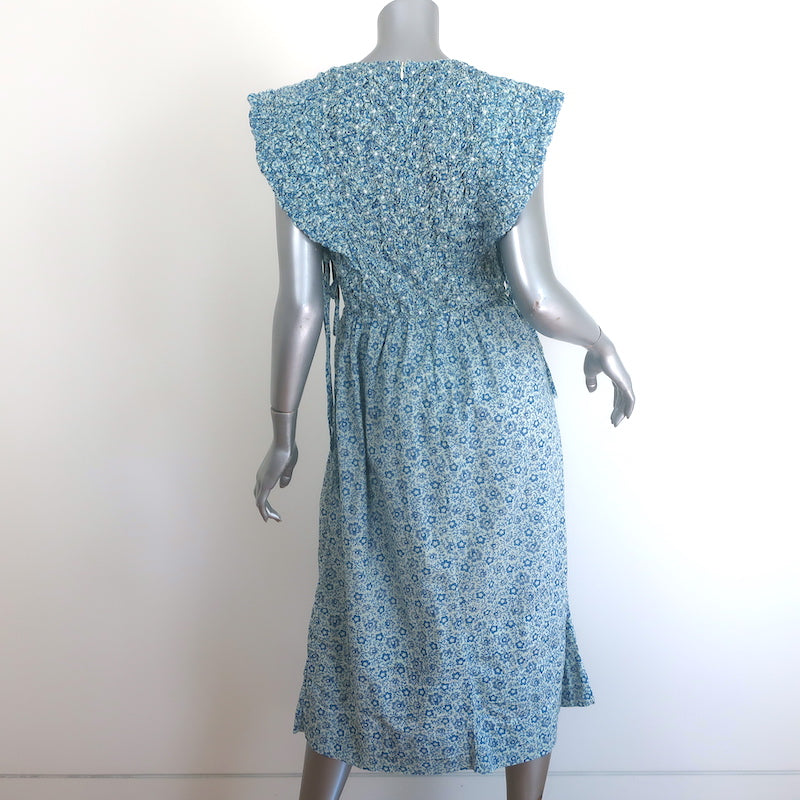 SEA Ida Smocked Midi Dress Blue Floral Print Cotton Size Small