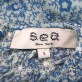 SEA Ida Smocked Midi Dress Blue Floral Print Cotton Size Small