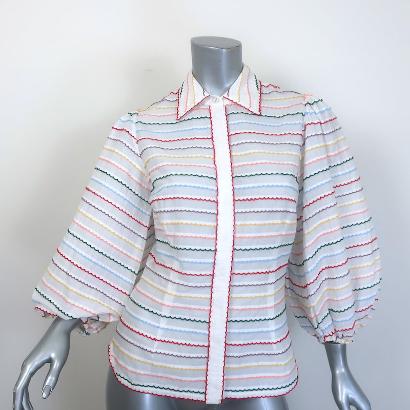 Zimmermann Zinnia Scallop Stripe Puff Sleeve Shirt White/Rainbow Cotton Size 0
