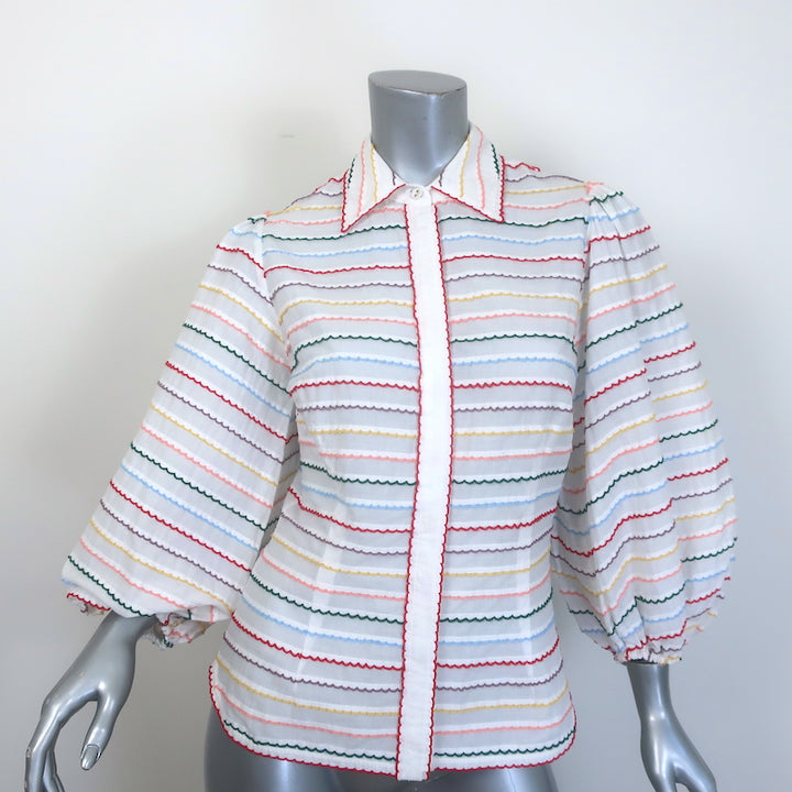 Zimmermann Zinnia Scallop Stripe Puff Sleeve Shirt White/Rainbow Cotton Size 0