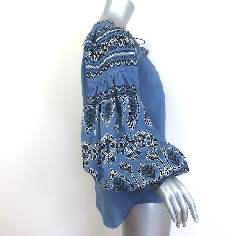 Vita Kin Shedever Embroidered Tassel-Tie Blouse Blue Linen Size Extra Small