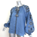 Vita Kin Shedever Embroidered Tassel-Tie Blouse Blue Linen Size Extra Small