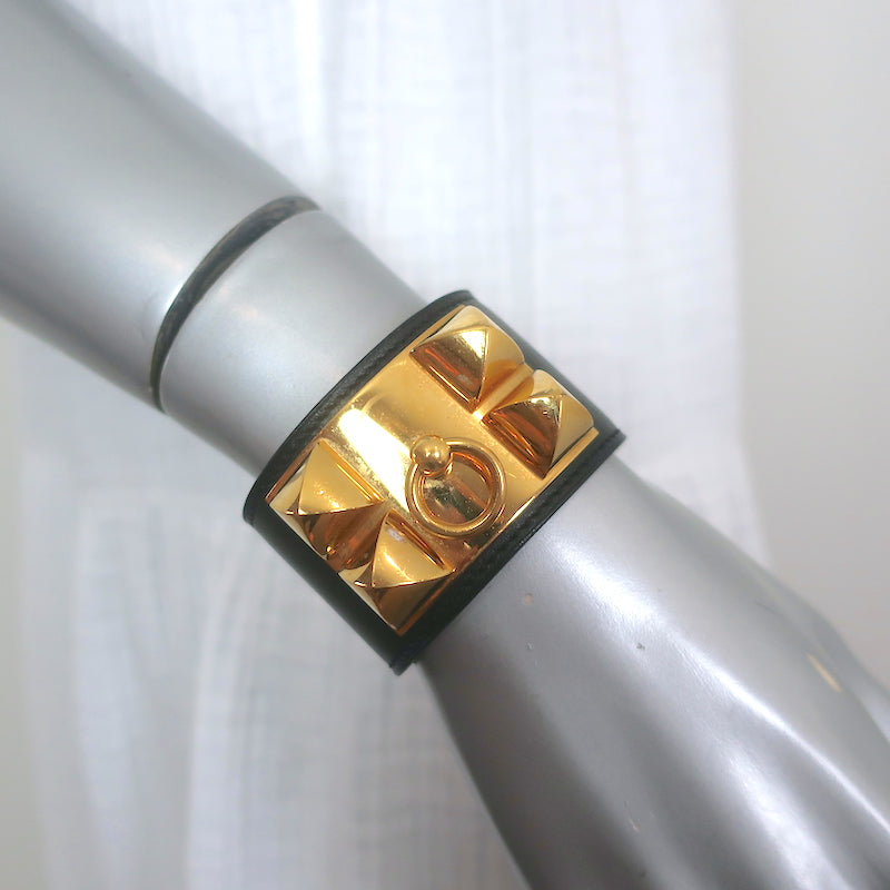 Hermes Collier de Chien Cuff Bracelet Black Leather Gold Hardware Size Small