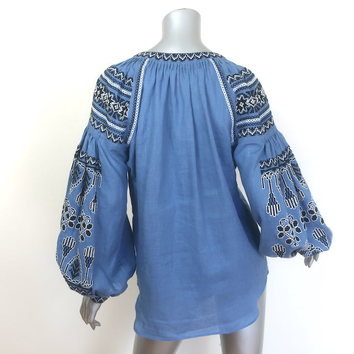 Vita Kin Shedever Embroidered Tassel-Tie Blouse Blue Linen Size Extra Small
