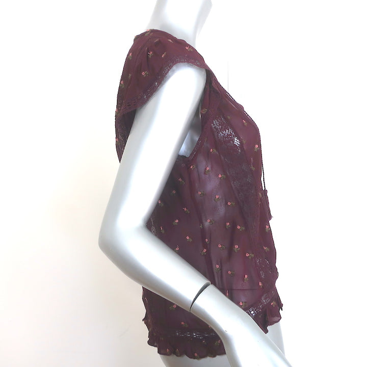 Ulla Johnson Magdalena Top Bordeaux Floral-Embroidered Georgette Size 2
