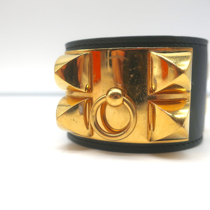 Hermes Collier de Chien Cuff Bracelet Black Leather Gold Hardware Size Small
