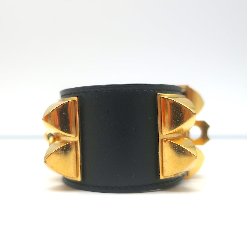 Hermes Collier de Chien Cuff Bracelet Black Leather Gold Hardware Size Small
