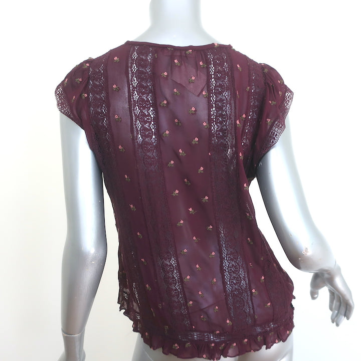 Ulla Johnson Magdalena Top Bordeaux Floral-Embroidered Georgette Size 2