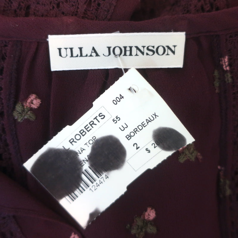 Ulla Johnson Magdalena Top Bordeaux Floral-Embroidered Georgette Size 2