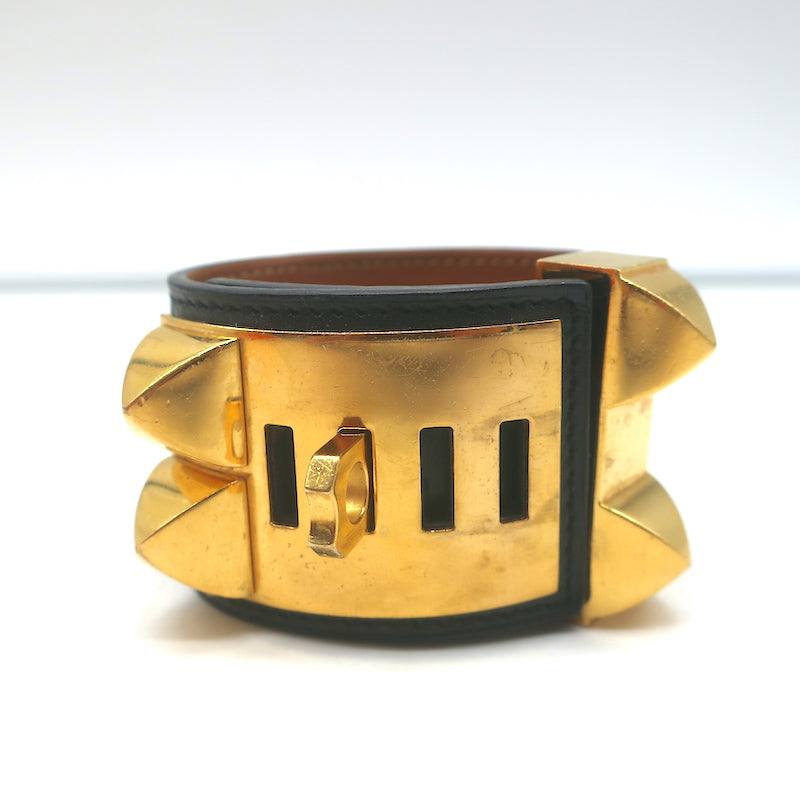 Hermes Collier de Chien Cuff Bracelet Black Leather Gold Hardware Size Small