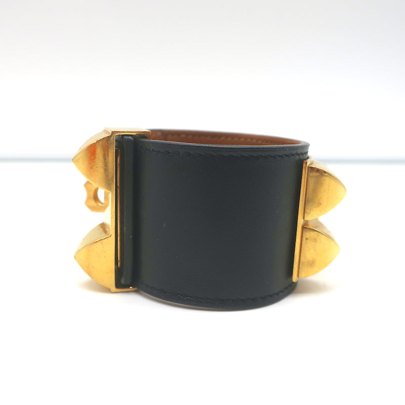 Hermes Collier de Chien Cuff Bracelet Black Leather Gold Hardware Size Small