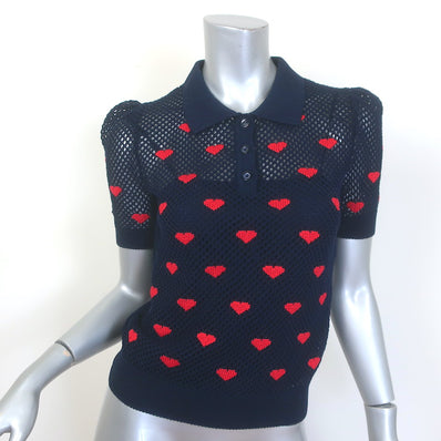 Christian Dior Hearts Intarsia Knit Puff Sleeve Polo Top Navy Cotton Size US 6