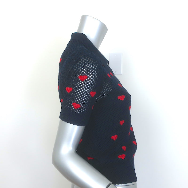 Christian Dior Hearts Intarsia Knit Puff Sleeve Polo Top Navy Cotton Size US 6