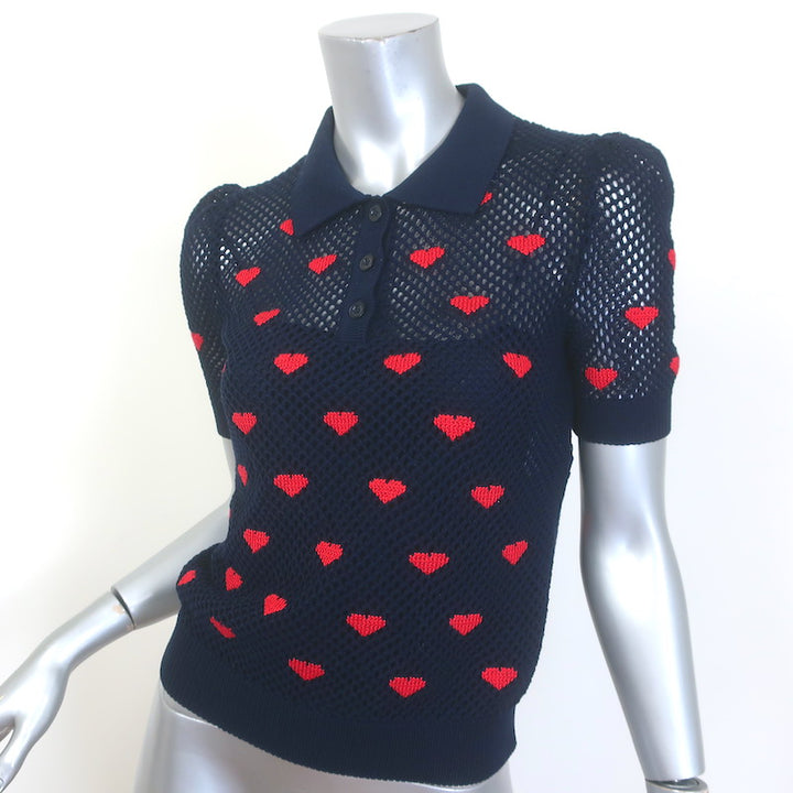 Christian Dior Hearts Intarsia Knit Puff Sleeve Polo Top Navy Cotton Size US 6