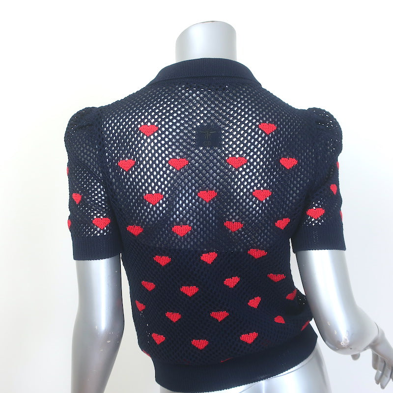 Christian Dior Hearts Intarsia Knit Puff Sleeve Polo Top Navy Cotton Size US 6