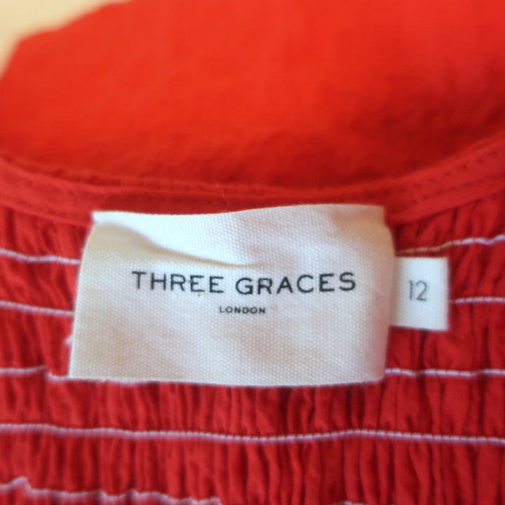 Three Graces London Smocked Mini Dress Orpha Red Cotton Size 12