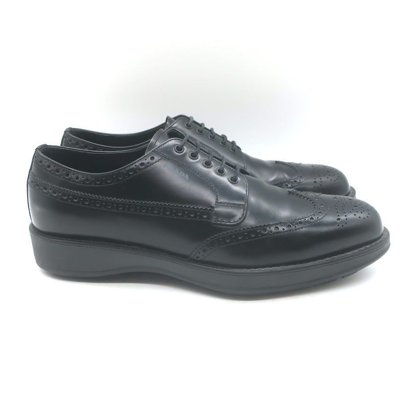 Prada Lace-Up Wingtip Brogue Shoes Black Brushed Leather Size 7