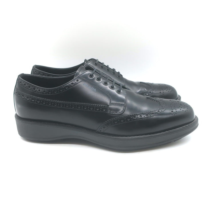 Prada Lace-Up Wingtip Brogue Shoes Black Brushed Leather Size 7