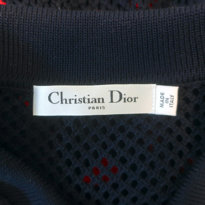 Christian Dior Hearts Intarsia Knit Puff Sleeve Polo Top Navy Cotton Size US 6