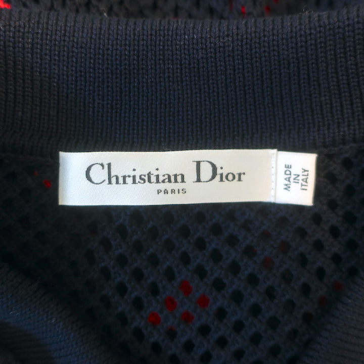 Christian Dior Hearts Intarsia Knit Puff Sleeve Polo Top Navy Cotton Size US 6