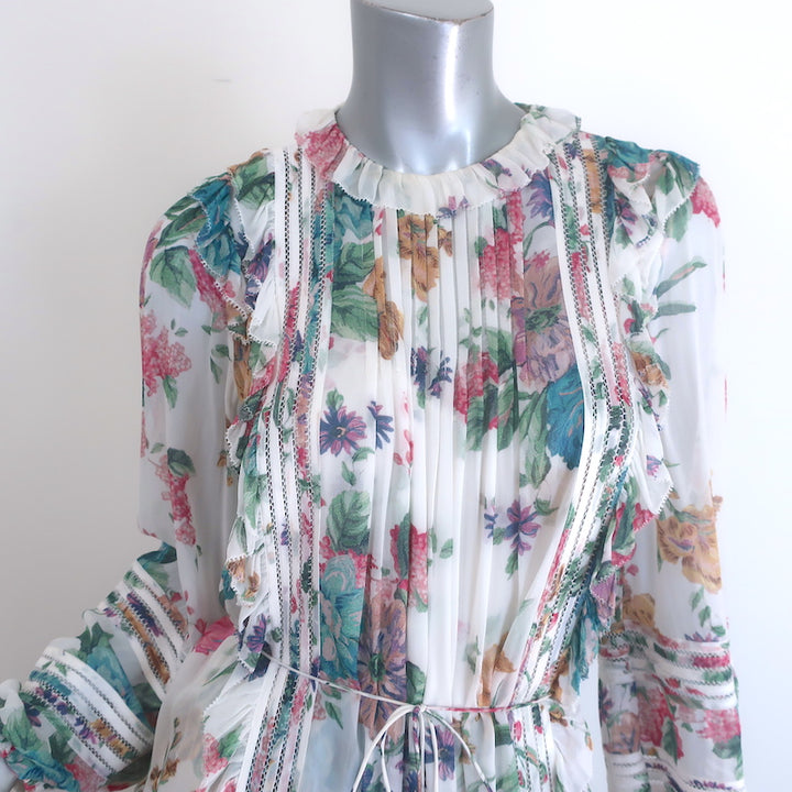 Zimmermann Ninety-Six Linear Ruffled Midi Dress White Floral Print Crepe Size 0