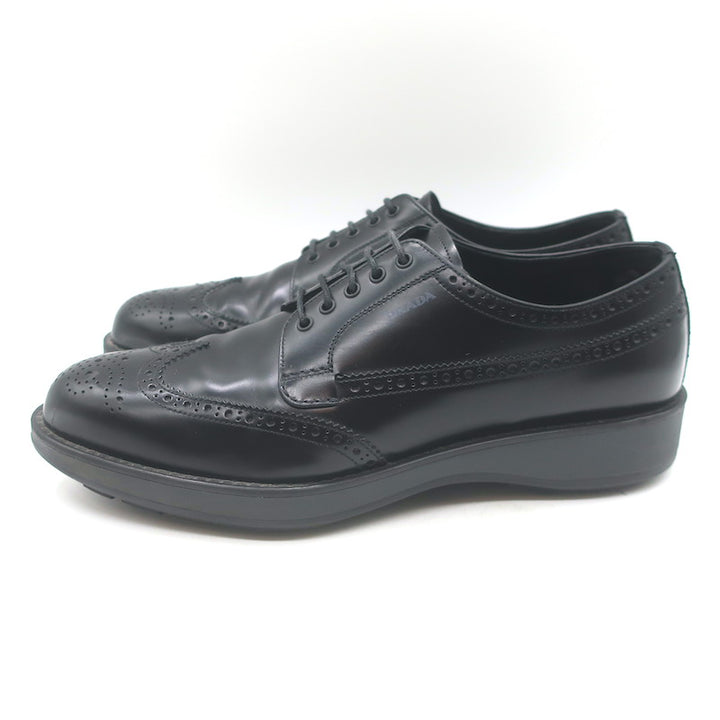 Prada Lace-Up Wingtip Brogue Shoes Black Brushed Leather Size 7