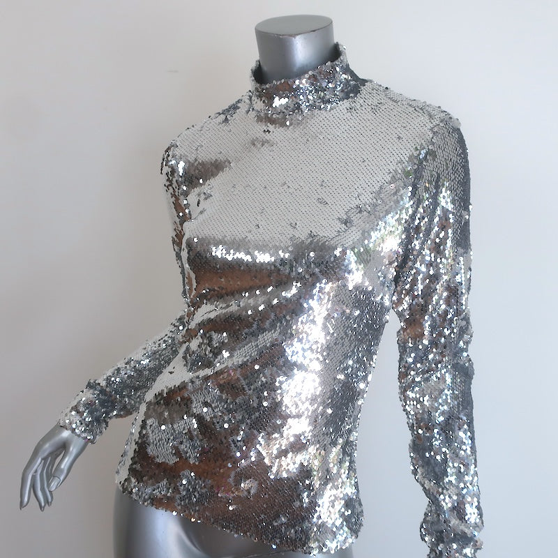 Milly Sequined Long Sleeve Turtleneck Top Silver Size 6