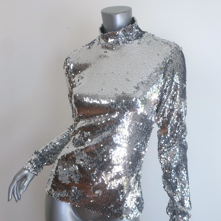 Milly Sequined Long Sleeve Turtleneck Top Silver Size 6