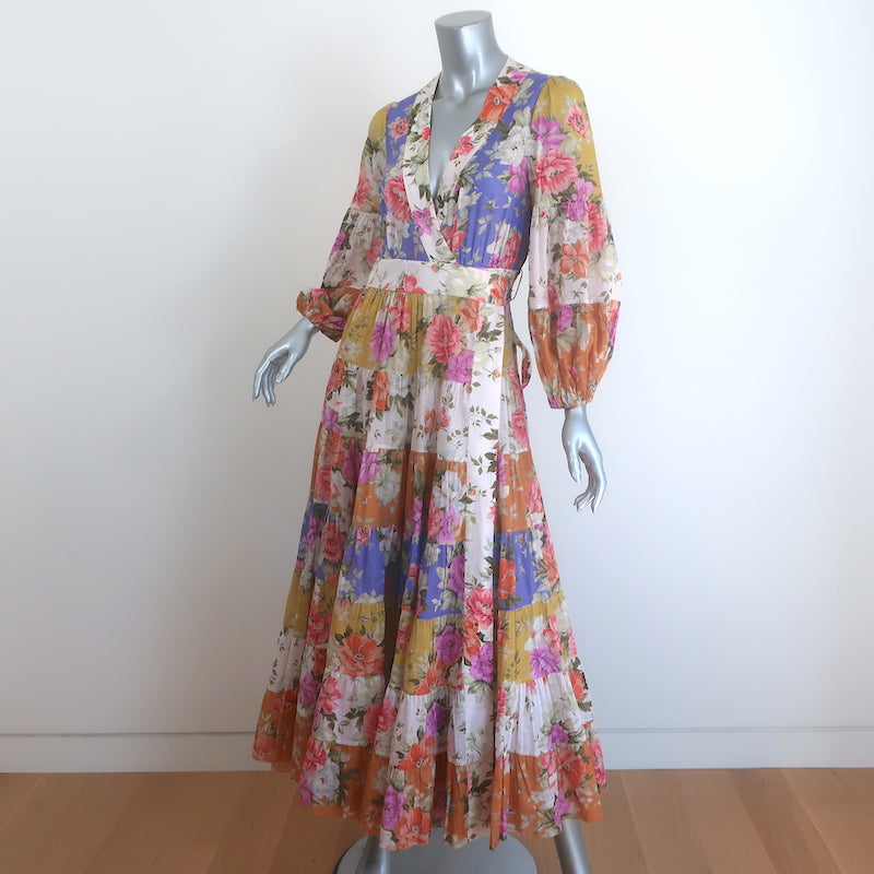 Zimmermann Pattie Midi Wrap Dress Patchwork Floral Print Cotton Size 1