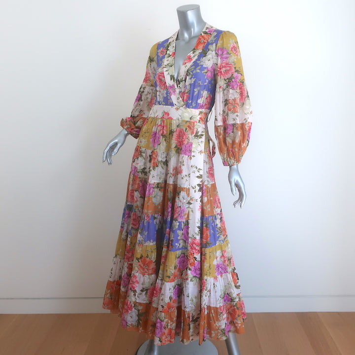 Zimmermann Pattie Midi Wrap Dress Patchwork Floral Print Cotton Size 1