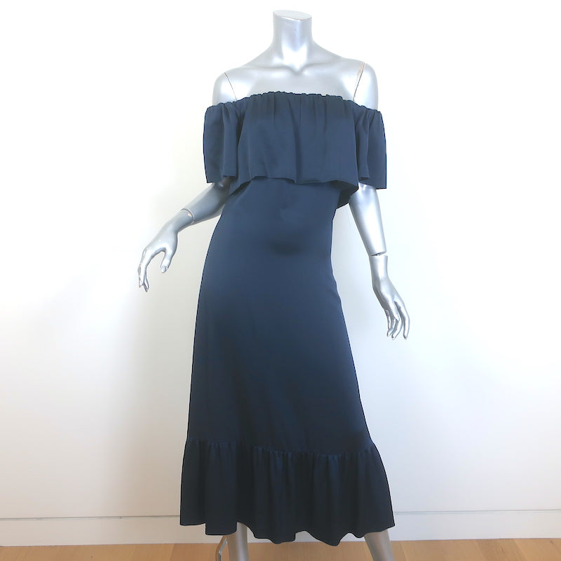 Barneys New York Ruffled Off the Shoulder Midi Dress Navy Satin Size 38 NEW