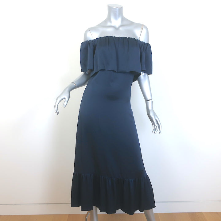Barneys New York Ruffled Off the Shoulder Midi Dress Navy Satin Size 38 NEW