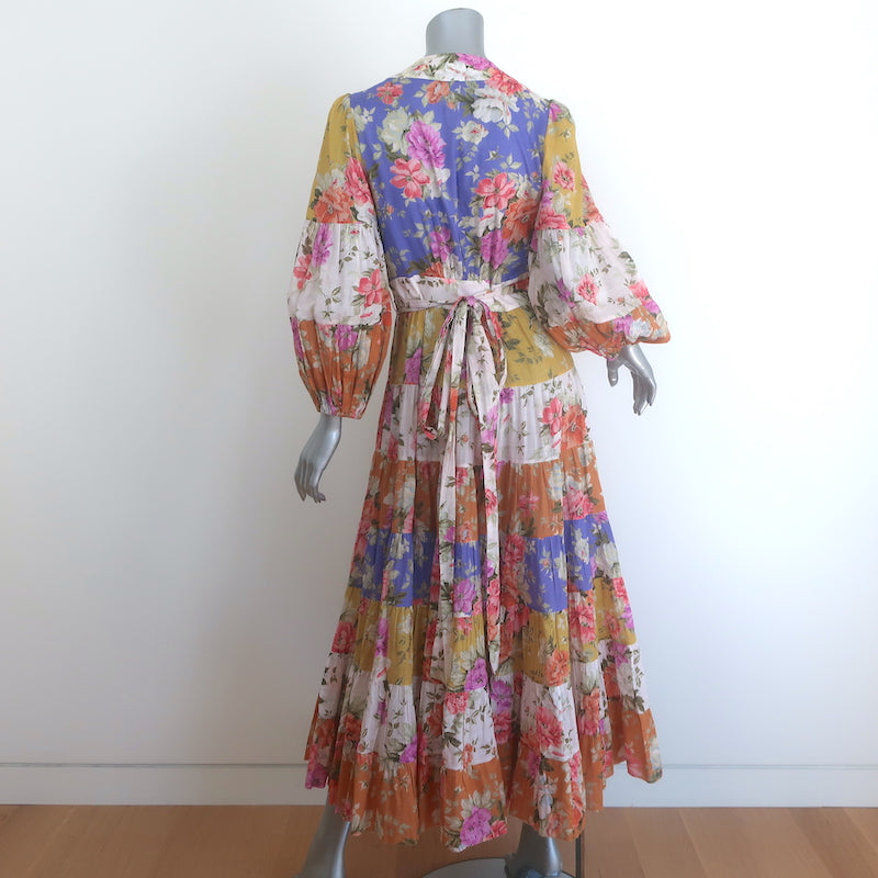 Zimmermann Pattie Midi Wrap Dress Patchwork Floral Print Cotton Size 1