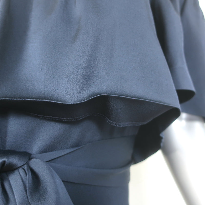 Barneys New York Ruffled Off the Shoulder Midi Dress Navy Satin Size 38 NEW