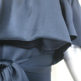Barneys New York Ruffled Off the Shoulder Midi Dress Navy Satin Size 38 NEW