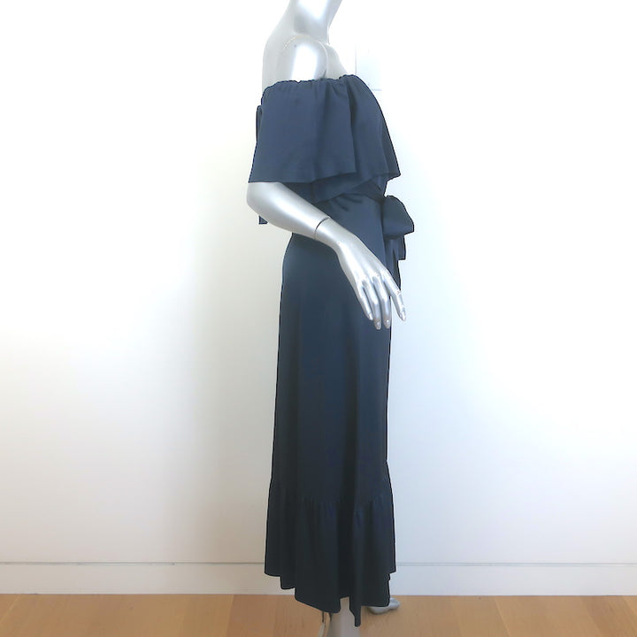 Barneys New York Ruffled Off the Shoulder Midi Dress Navy Satin Size 38 NEW