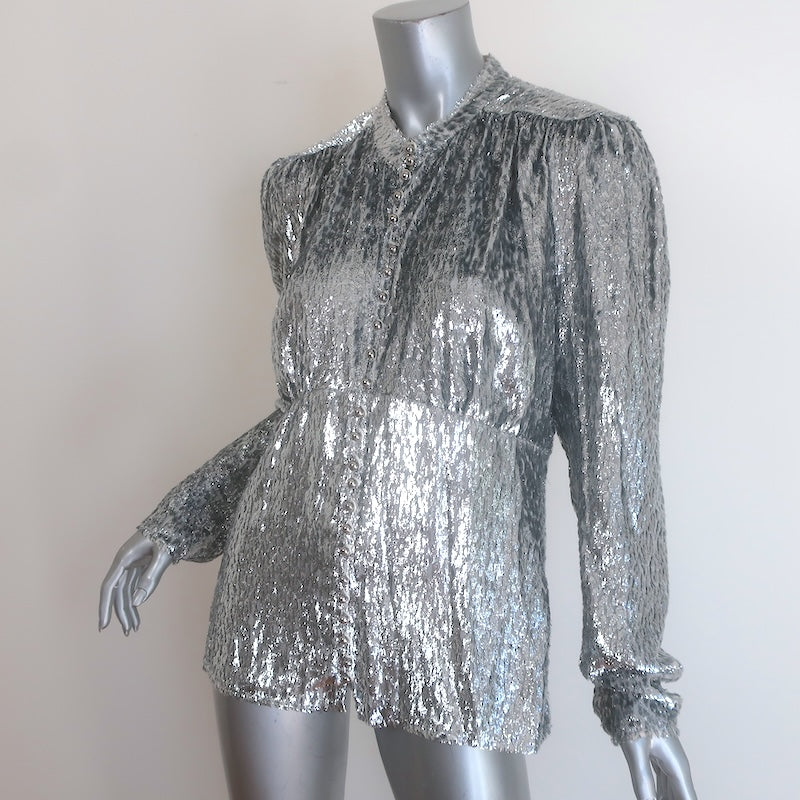 Paco Rabanne Lame Fil Coupe Button-Front Long Sleeve Blouse Silver Size 38