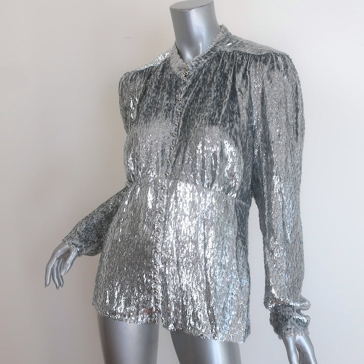 Paco Rabanne Lame Fil Coupe Button-Front Long Sleeve Blouse Silver Size 38