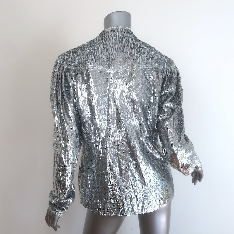Paco Rabanne Lame Fil Coupe Button-Front Long Sleeve Blouse Silver Size 38