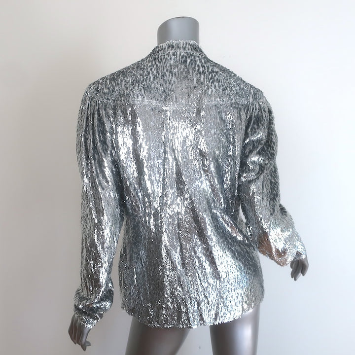 Paco Rabanne Lame Fil Coupe Button-Front Long Sleeve Blouse Silver Size 38