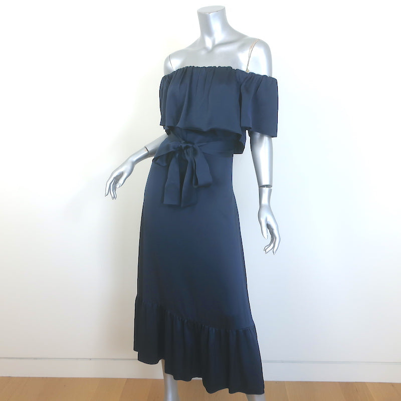 Barneys New York Ruffled Off the Shoulder Midi Dress Navy Satin Size 38 NEW