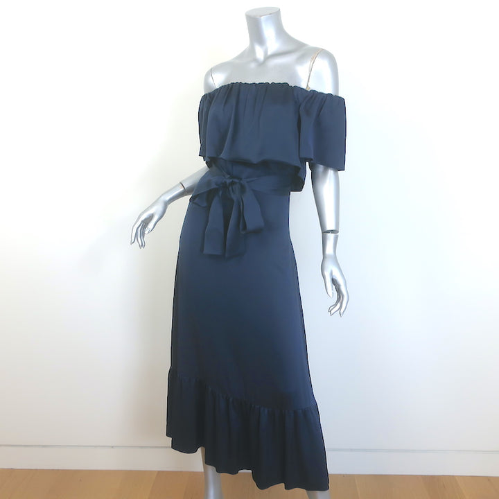 Barneys New York Ruffled Off the Shoulder Midi Dress Navy Satin Size 38 NEW