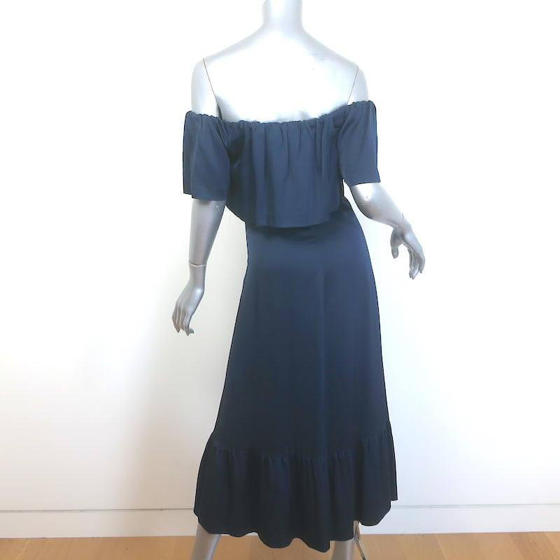 Barneys New York Ruffled Off the Shoulder Midi Dress Navy Satin Size 38 NEW