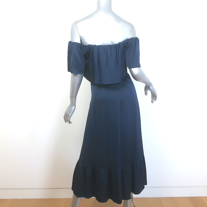 Barneys New York Ruffled Off the Shoulder Midi Dress Navy Satin Size 38 NEW