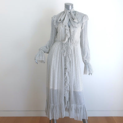 Zimmermann Pussy Bow Ruffled Maxi Dress White Zig Zag Print Crepe Size 1